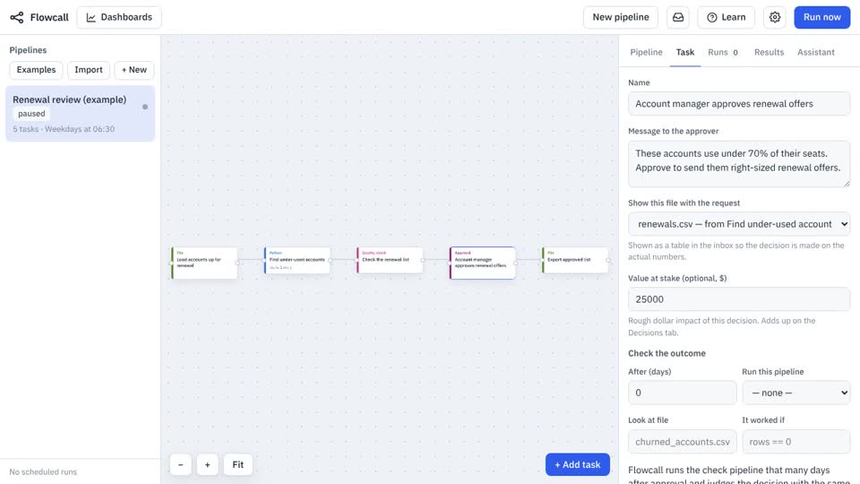 The Flowcall window: a five-step renewal review pipeline on the canvas, with the approval step's settings on the right.