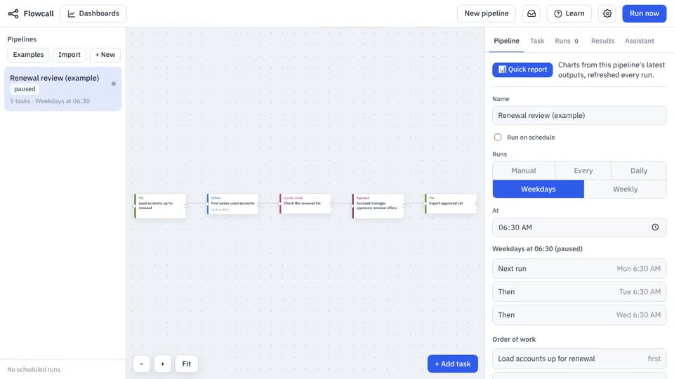 A frame from the video What is Flowcall? Data pipelines that end in decisions: the Flowcall window with the example open.